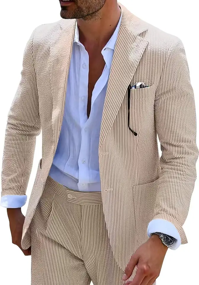 Global Recycled Standard Seersucker Mens Suit 2 Piece Slim Casul Summer Beach Blazer Jacket Pant Tux
