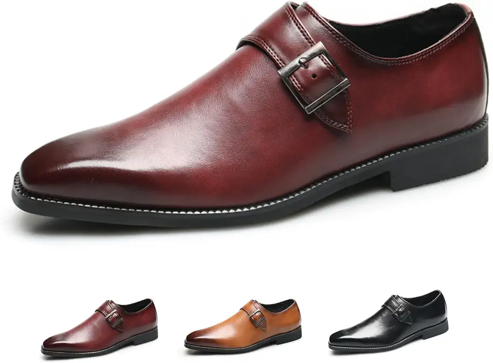 Men's Leather Square Toe Monk Strap Loafers,Classic Slip on Dress Shoes,Low Top Formal Business Oxford Shoes