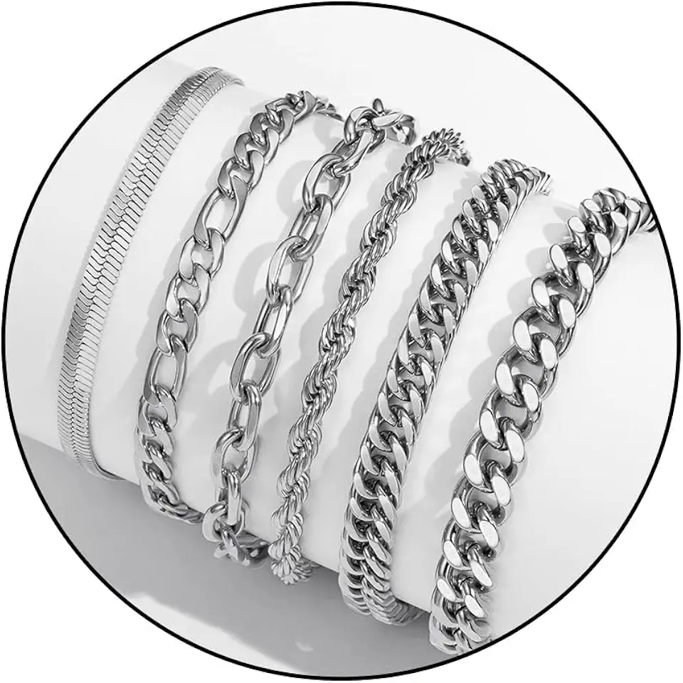 Zocomi 6 Pcs Chain Bracelet for Men, Stainless Steel Cuban Curb Link Rope Paperclip Figaro Herringbone Chain Bracelets Set Jewelry Gifts for Man Woman Boys 7.5/8.3/9 Inches
