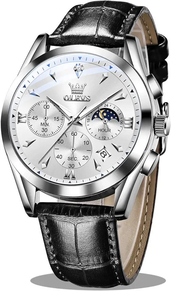 OLEVS Men's Leather Analog Quartz Watch - Luxury Chronograph Wristwatch with Date, Waterproof, Luminous - Dress Style