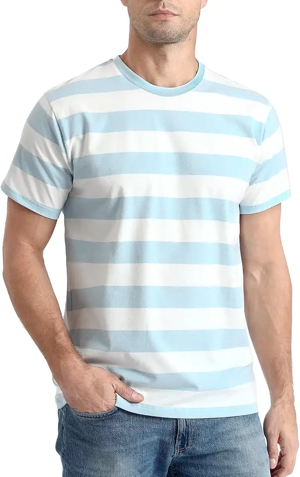 Funny World Men's Cotton Striped T-Shirt Crew Neck Short Sleeves Basic Casual Top
