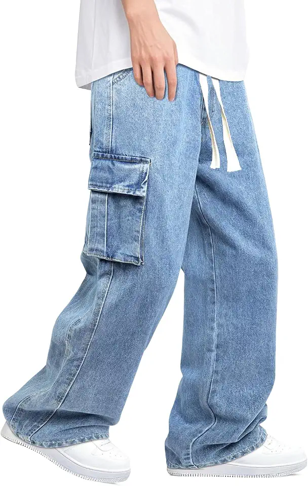 Global Recycled Standard Heyfanee Mens Baggy Cargo Jeans Elastic Waist Jean Pants with Drawstring