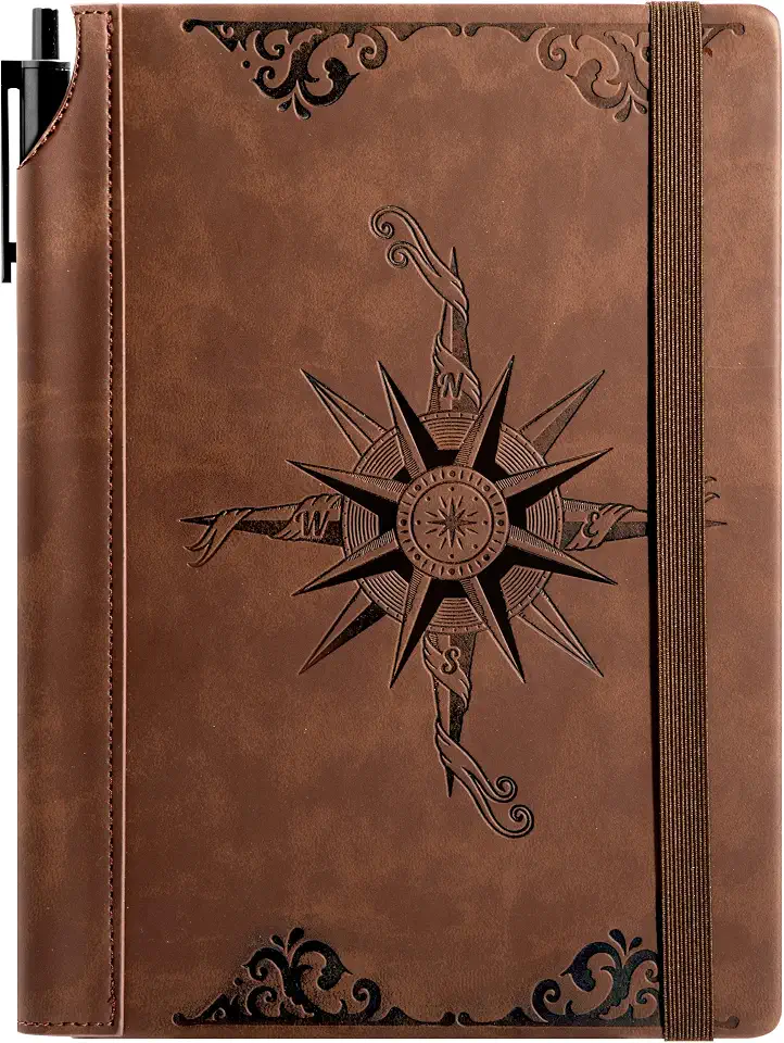 CAGIE Compass Leather Journal for Men Women, A5 Lined Notebook Writing Gift