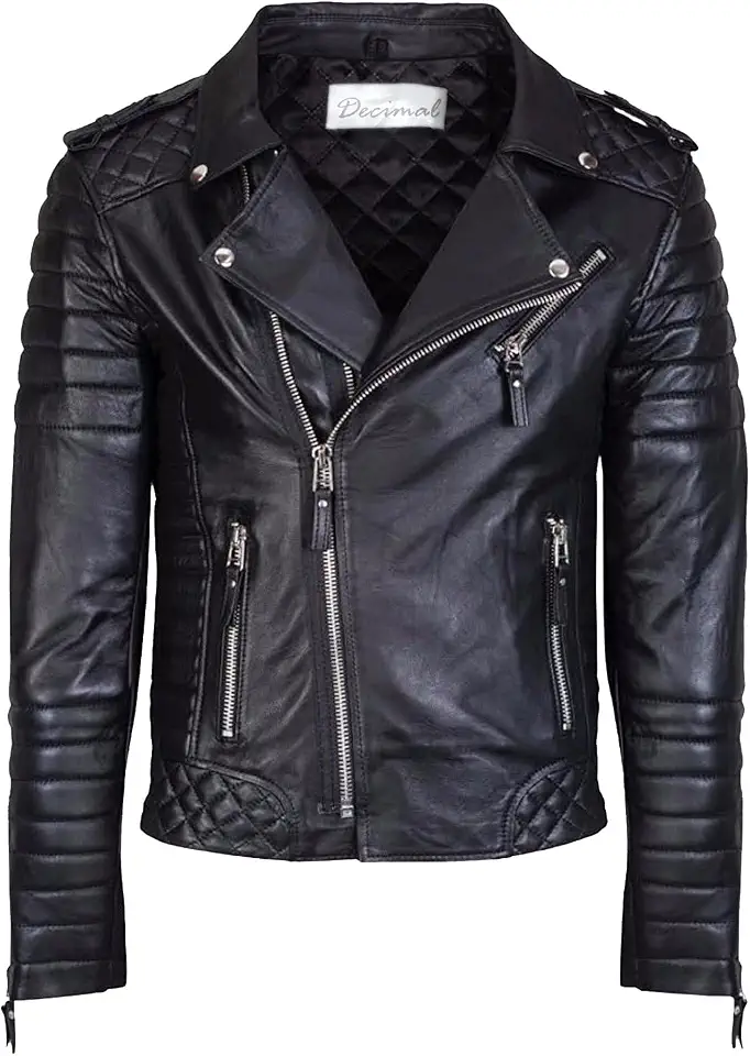 DECIMAL Men's Black REAL Lambskin Leather Biker Jacket VINTAGE GENUINE MOTORCYCLE JACKETS FOR MEN