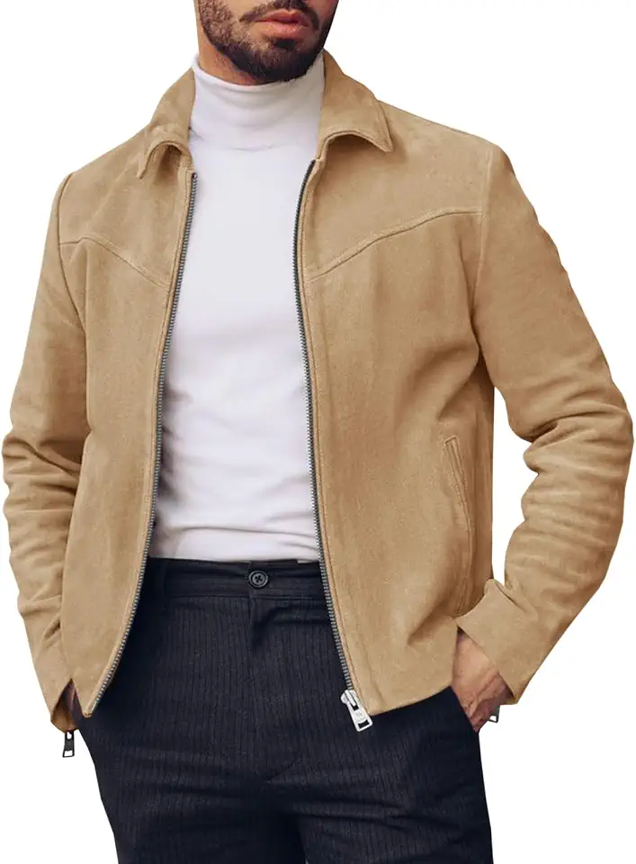 Runcati Men's Suede Jacket Full Zip Vintage Jackets Classic Trucker Coat