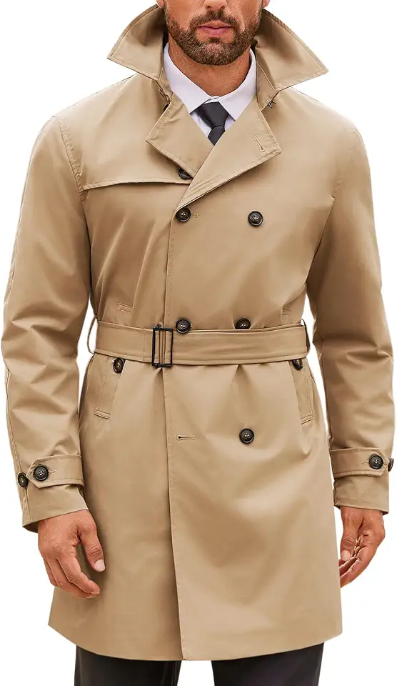 Runcati Mens Double Breasted Trench Coat Notched Lapel Windbreaker Overcoat