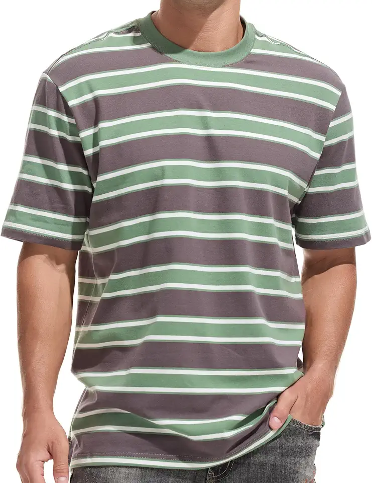KLIEGOU Men's Fashion Loose Fit Crewneck Stripe T-Shirt