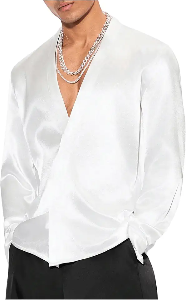 Floerns Men's Wedding Long Sleeve V Neck Shiny Satin Wrap Shirts Tops