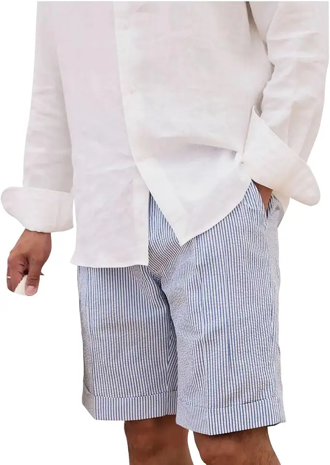 Mens Summer Seersucker Slim Fit Suit Shorts Mens Causal Polyester Sear Sucker Shorts