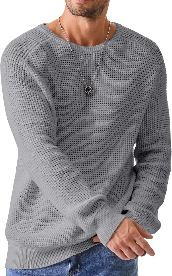 Men's Grey Waffle Knit Crewneck Sweater