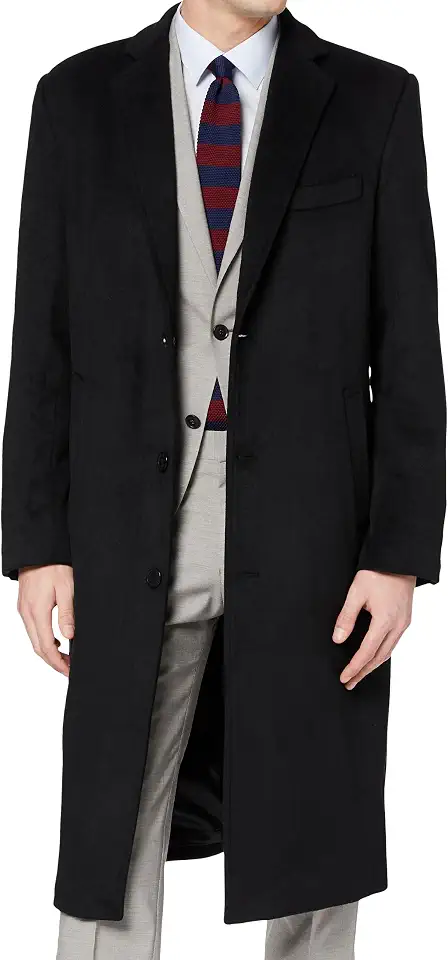 Men's Black 70% Wool Long Overcoat, Single Breasted Winter Coat