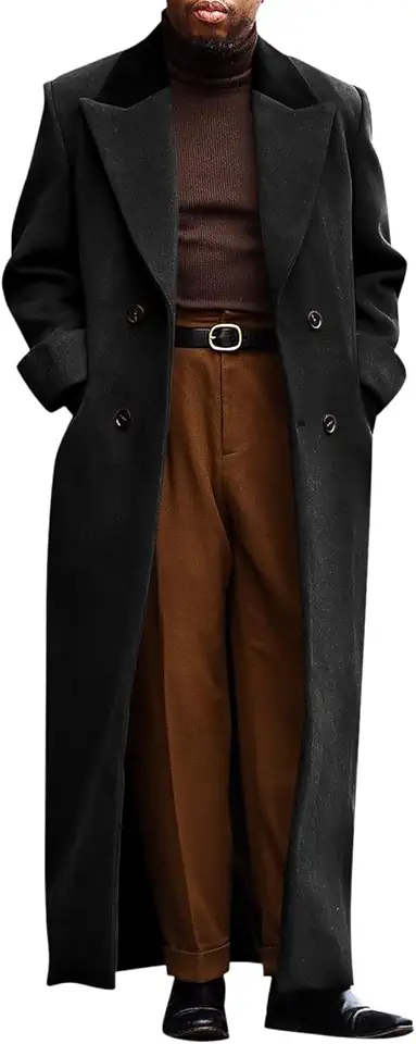 Runcati Mens Full Length Long Trench Coat Double Breasted Classic Overcoat