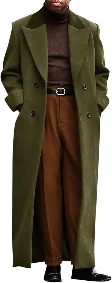 Runcati Mens Full Length Trench Coat Notched Lapel Long Jacket Double Breasted Classic Winter Overcoat