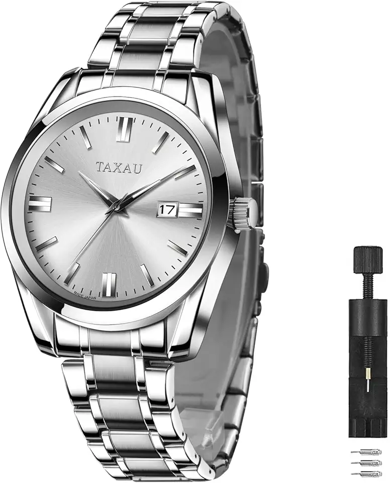 Taxau Mens Silver Watch Luxury Minimalist Dress Watch Classic Waterproof Watches for Men Analog Quartz Stainless Steel Men's Wrist Watches with Date Luminous Relojes para Hombres