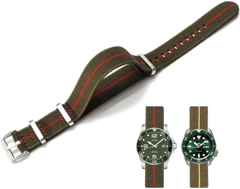 Nylon Elastic Watch Strap Military Parachute Style Watch Band 18mm 20mm 22mm Premium Striped Nylon One-Piece French Paratrooper Watchband Smartwatch Band Replacement Strap for Men Women