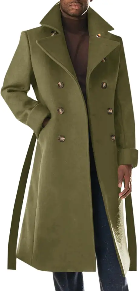 Runcati Mens Trench Coat Double Breasted Belted Pea Coat Winter Overcoat