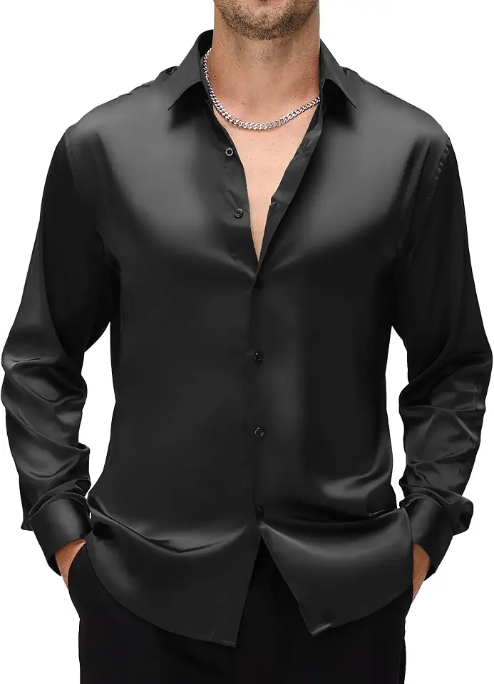 WARHORSEE Men's Silk Satin Dress Shirts Long Sleeve Button Up Shirt for Men