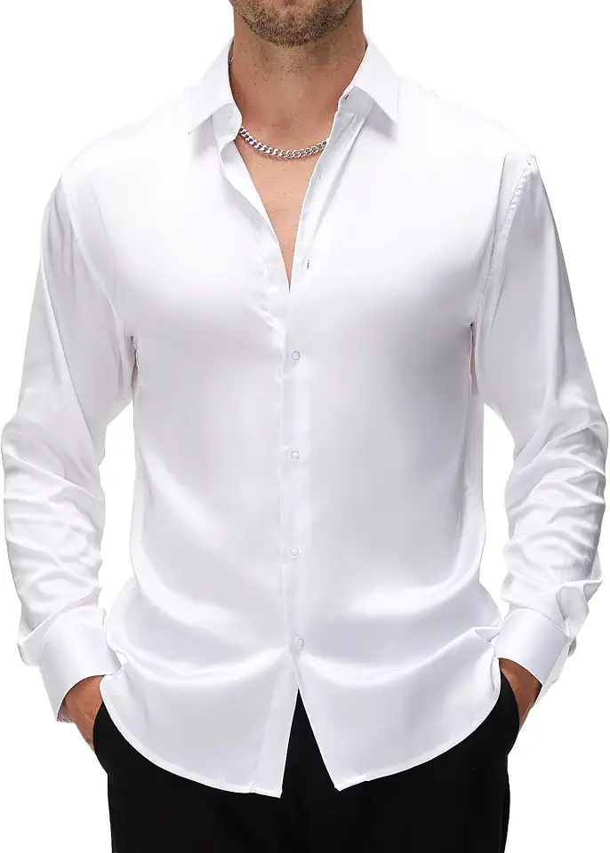 WARHORSEE Men's Silk Satin Dress Shirts Long Sleeve Button Up Shirt for Men