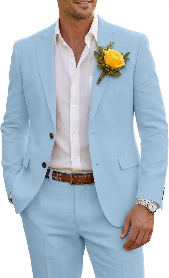 Global Recycled Standard Wehilion Men's Slim Fit Linen 2 Piece Suit Summer Beach Wedding Business