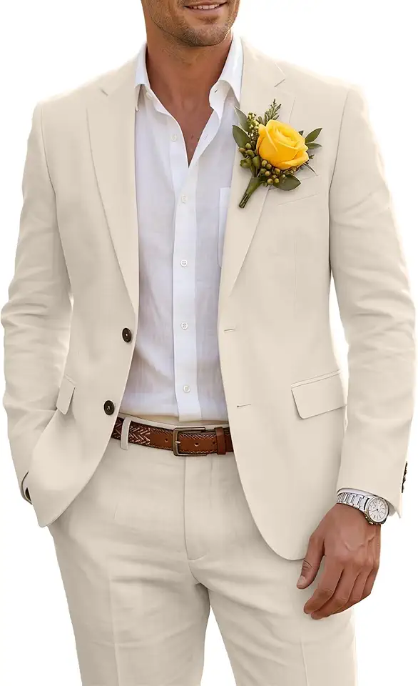 Wehilion Men's 2 Piece Linen Suit Slim Fit Lightweight Breathable Blazer Pants Set for Summer Beach Wedding Business Casual