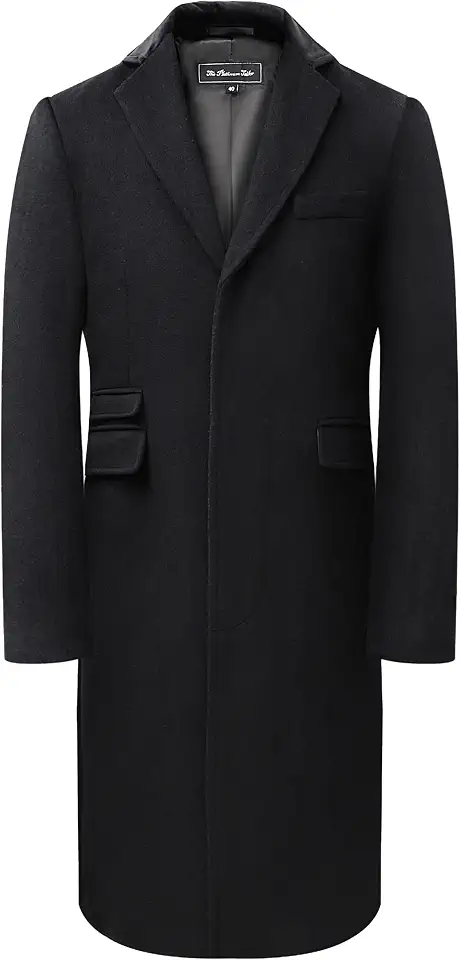 Men's Black 70% Wool Covert Overcoat, Velvet Collar, Red Satin Lining