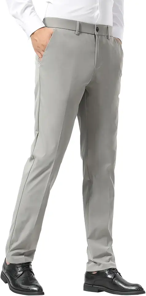 Plaid&Plain Men's Slim Fit Dress Pants Stretch Khaki Pants Wrinkle Free