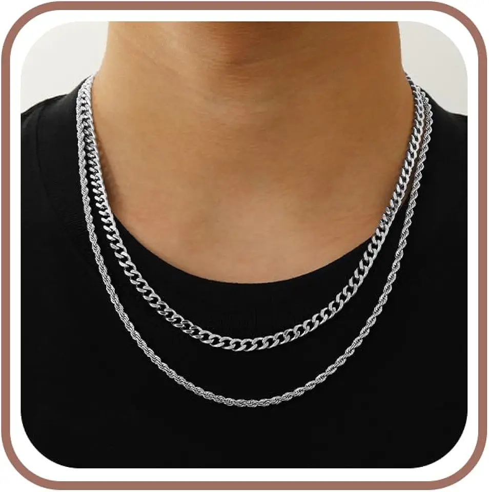 Layered Stainless Steel Chain Necklaces for Men Boys, 2Pcs Cuban Link/Rope/Herringbone Chains Jewelry Gifts, 16 "/18 ", 18 "/20 ", 20 "/22 ", 22 "/24 "
