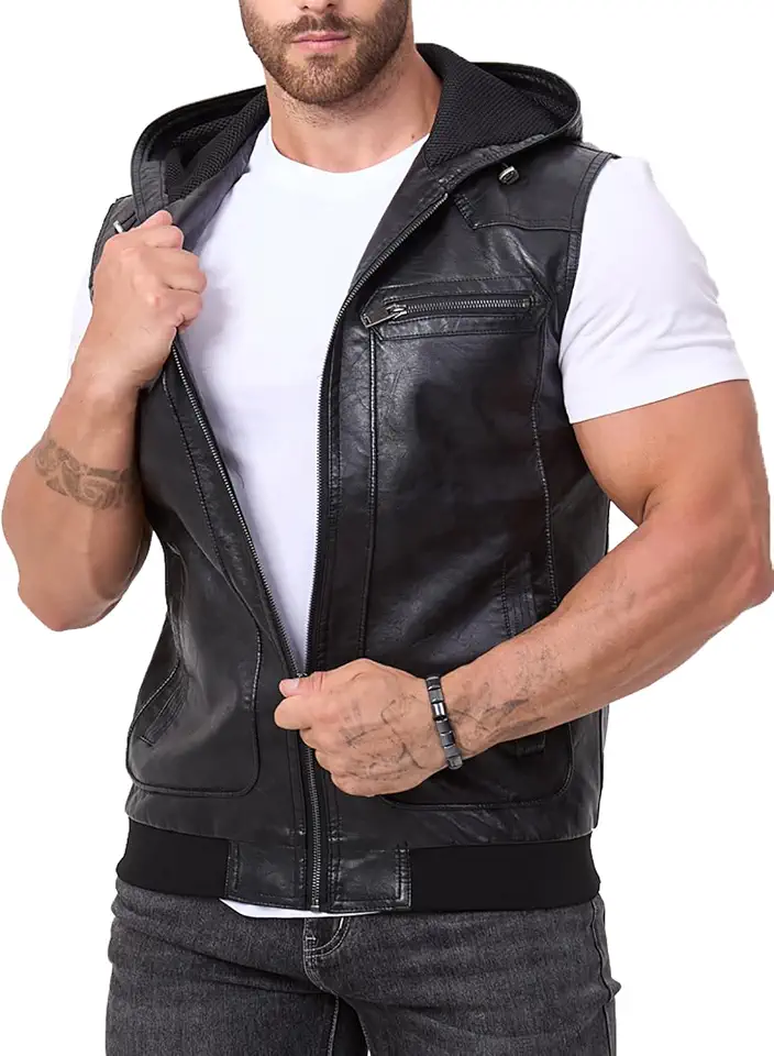 Men's Black Leather Bomber Vest