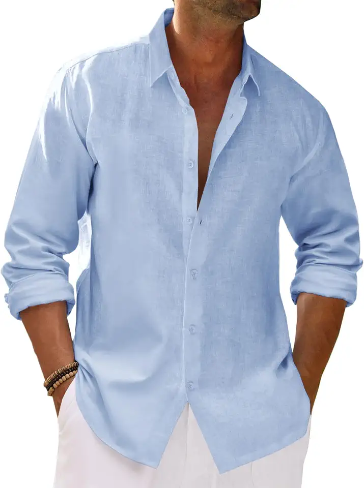 Runcati Mens Button Down Shirt Cotton Linen Casual Long Sleeve Shirts