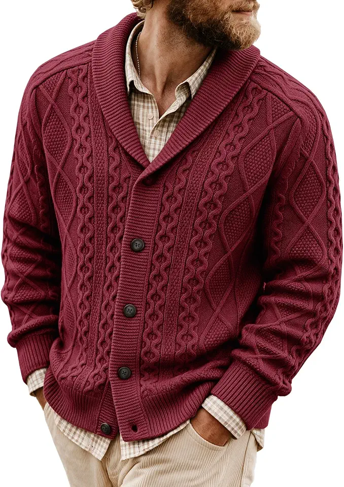 Runcati Mens Cardigan Sweater Cable Knit Shawl Collar Outerwear