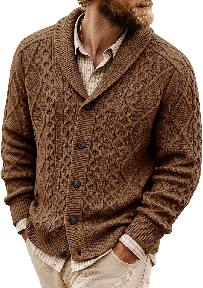 Runcati Mens Cardigan Sweater Cable Knit Shawl Collar Outerwear