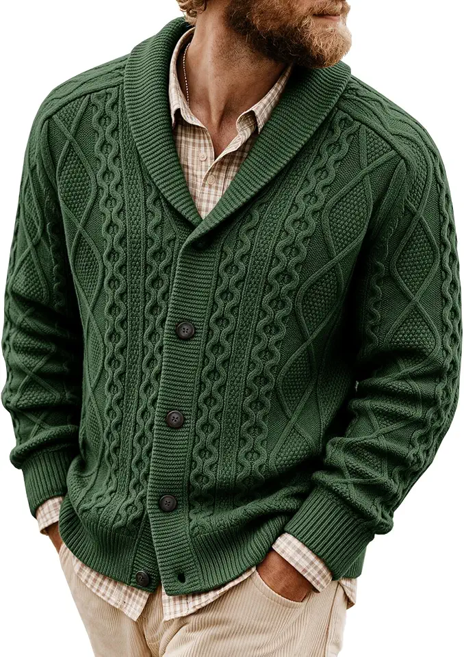 Runcati Mens Cardigan Sweater Cable Knit Shawl Collar Outerwear
