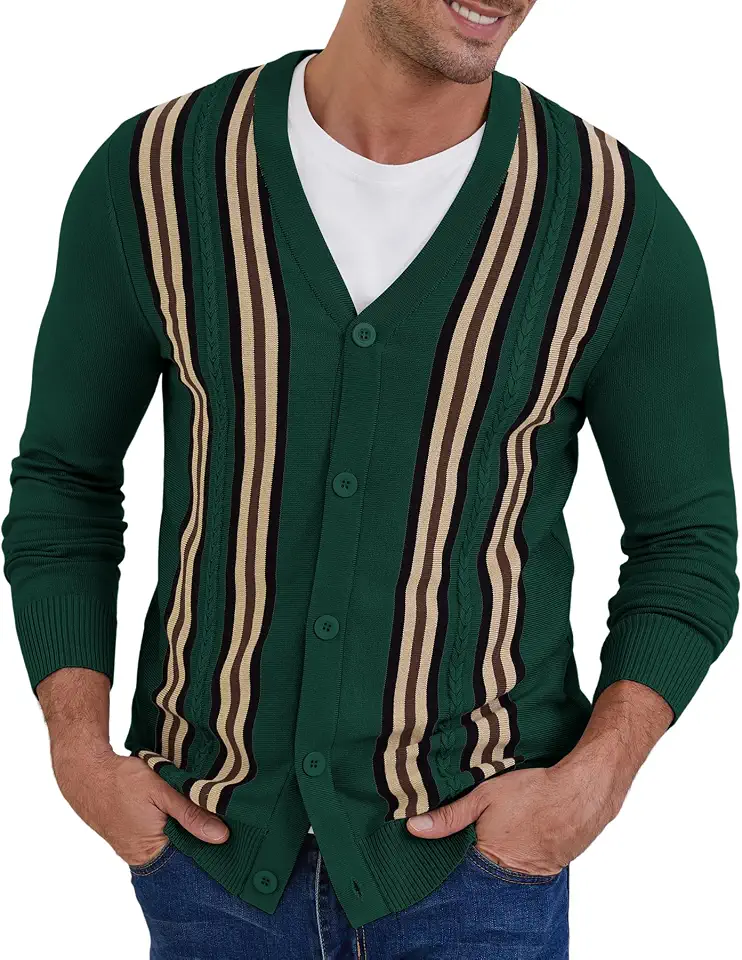 NITAGUT Mens Cardigan Sweater Vintage Striped V-Neck Long Sleeve Sweaters
