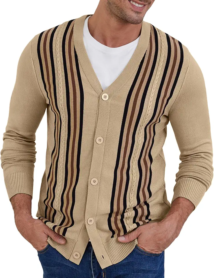 Men's Regular Fit Striped Cream Knit Shawl Collar Cardigan