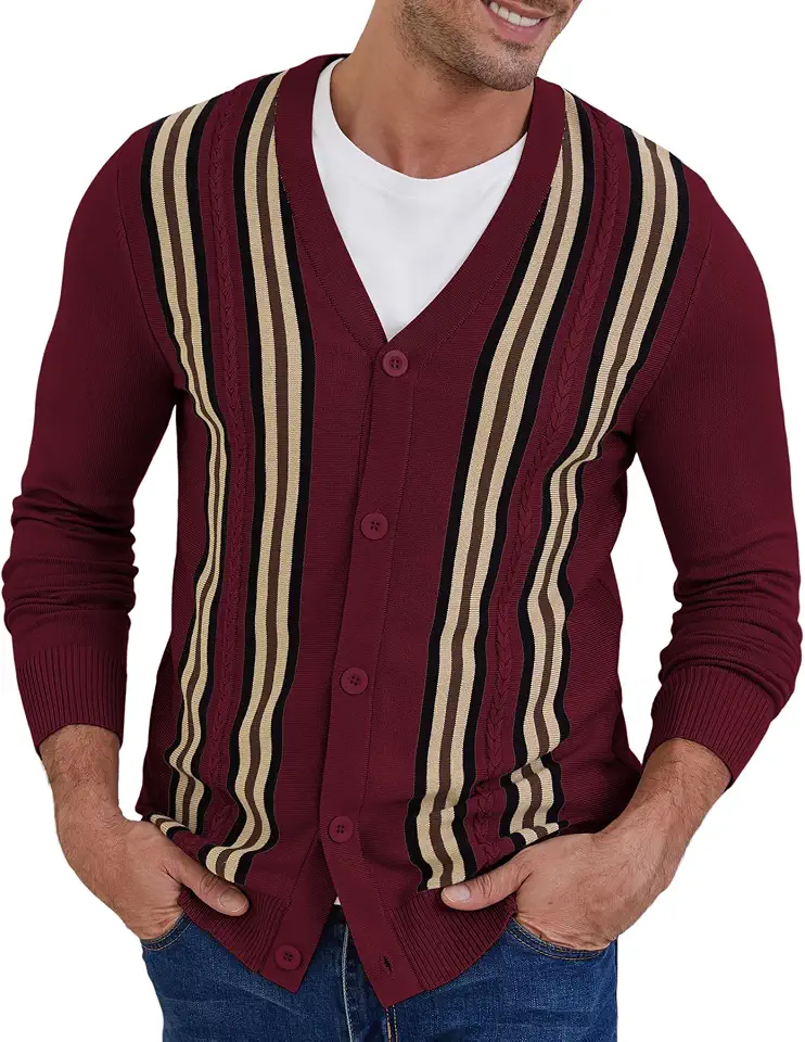 NITAGUT Mens Cardigan Sweater Vintage Striped V-Neck Long Sleeve Sweaters