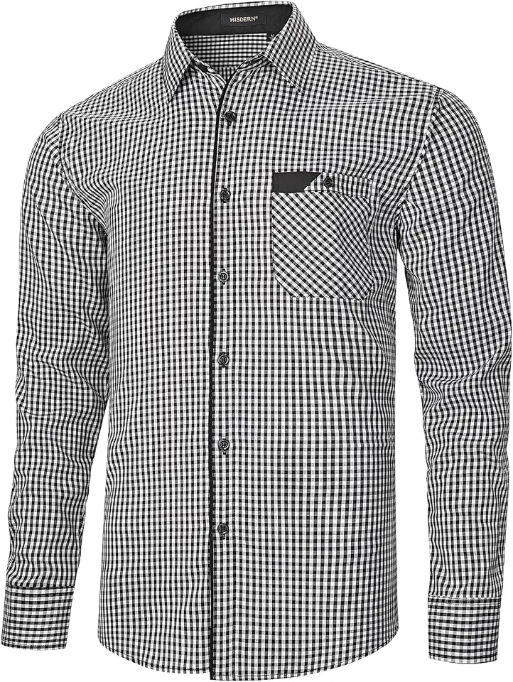 HISDERN Mens Plaid Dress Shirt Long Sleeve,Wrinkle Free Button Down Shirts with Collar for Casual Bussiness Big and Tall Men