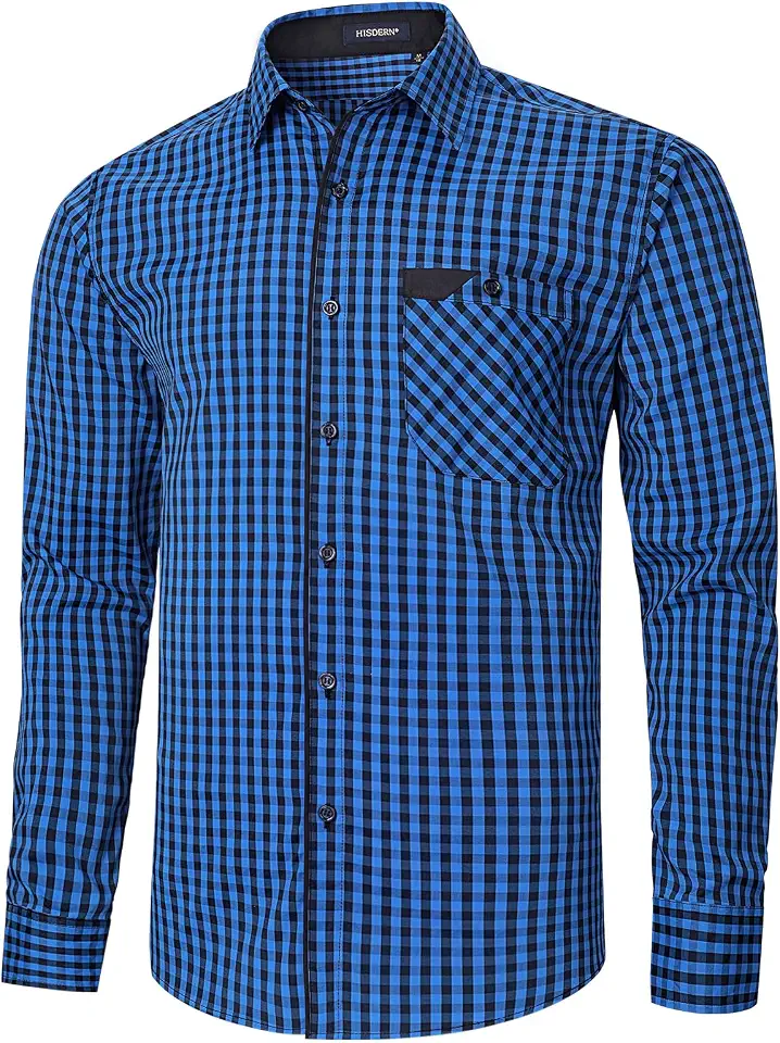 HISDERN Mens Plaid Dress Shirt Long Sleeve,Wrinkle Free Button Down Shirts with Collar for Casual Bussiness Big and Tall Men