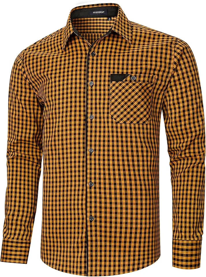 HISDERN Mens Plaid Dress Shirt Long Sleeve,Wrinkle Free Button Down Shirts with Collar for Casual Bussiness Big and Tall Men