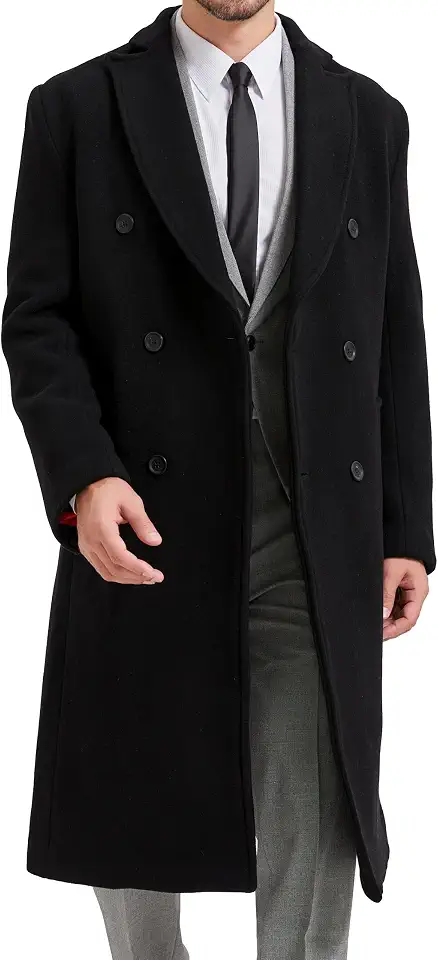 Men's Black 70% Wool Double Breasted Overcoat, Peak Lapel Long Winter Coat