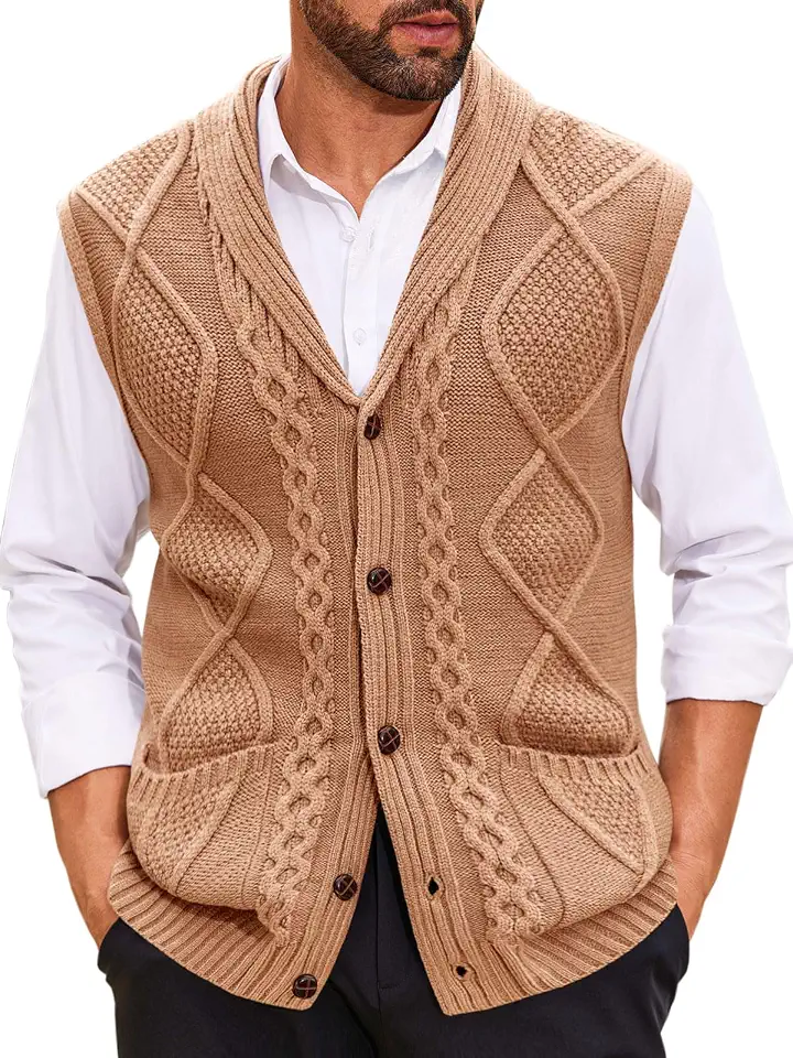 Runcati Mens Cable Knit Sweater Vest Shawl Collar Casual Cardigan Vest