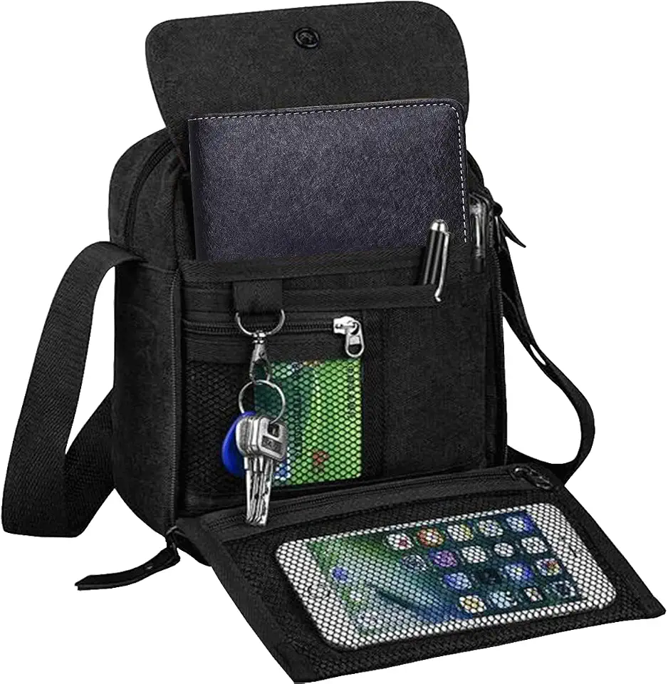 CAAORDKSO Small Messenger Bag for Men Women, Vintage Canvas Messenger Shoulder Bag Travel Crossbody Bag Multi Pocket Purses