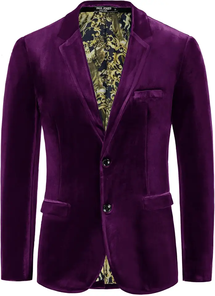 PJ PAUL JONES Mens Velvet Blazer Jacket Two Button Sport Coat Solid Suit Jackets for Dinner Prom Wedding