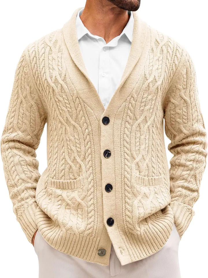 Runcati Mens Shawl Collar Cardigan Sweaters Cable Knit Button Down Sweater