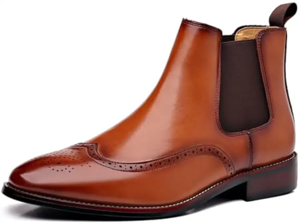 Men's Leather Wingtip Carving Dress Oxford Boots Fashion British Style Pointed Toe Elastic Band Slip On Chelsea Boots Casual Business Formal Ankle Boots