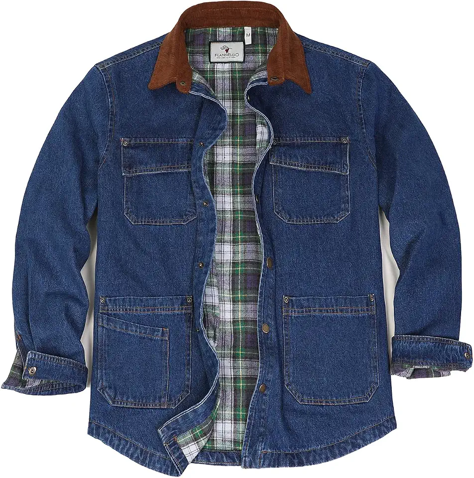 ZENTHACE Men's Flannel Lined Denim Chore Coat, Snap Button Workwear