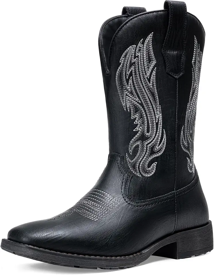 Men's Black Leather Square Toe Cowboy Boots