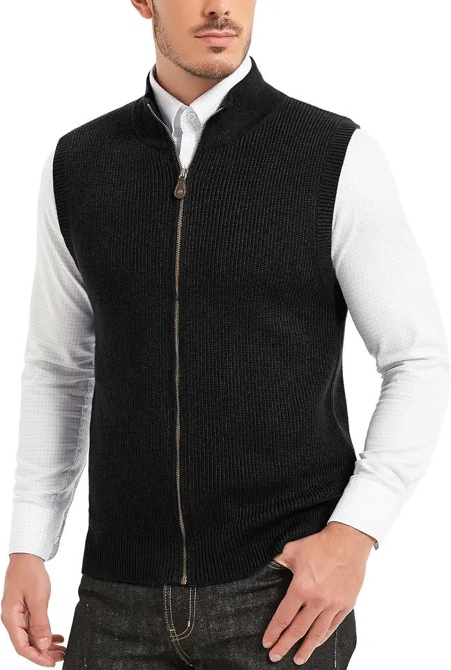 Kallspin Men's Wool Blend Sweater Cardigan Sleeveless Full Zip Cardigan Knit Classic Warm Wool Vest Sweater