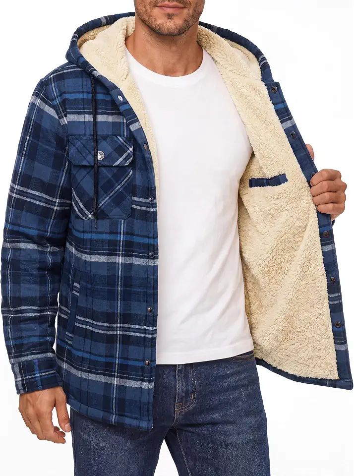 CRYSULLY Mens Flannel Hooded Shirt Jacket Fleece Sherpa Lined Winter Coat