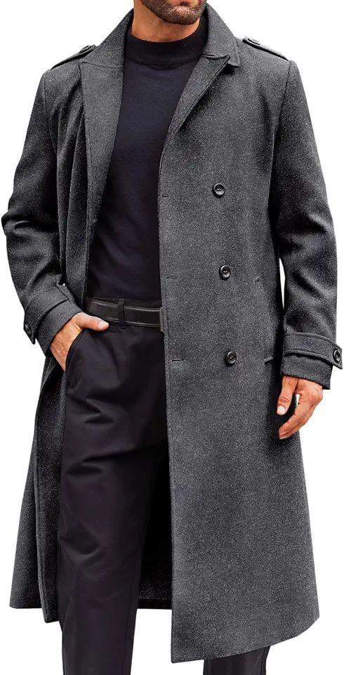 Runcati Mens Double Breasted Trench Coat Long Peacoat Winter Overcoat