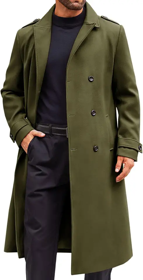 Runcati Mens Double Breasted Trench Coat Long Peacoat Winter Overcoat